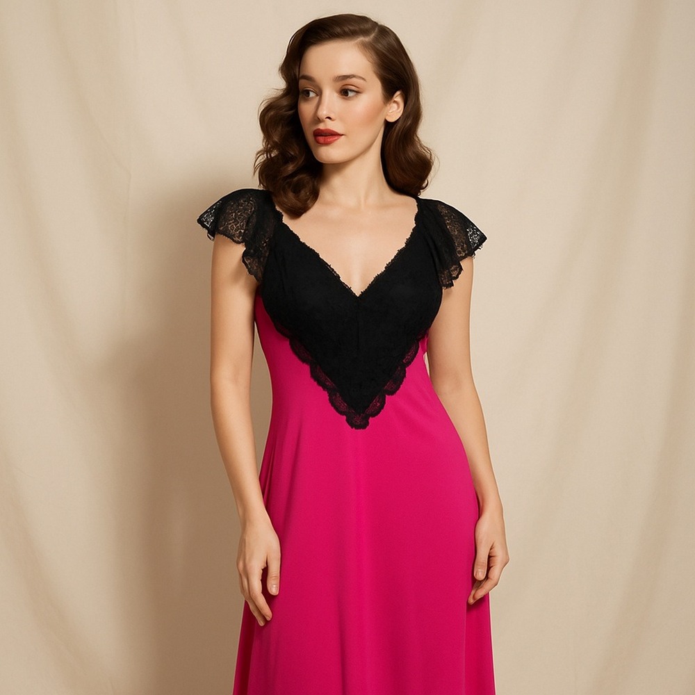 Vintage 80s Body Inc Hot Pink Nylon Nightgown Black Lace Flutter Sleeve Small